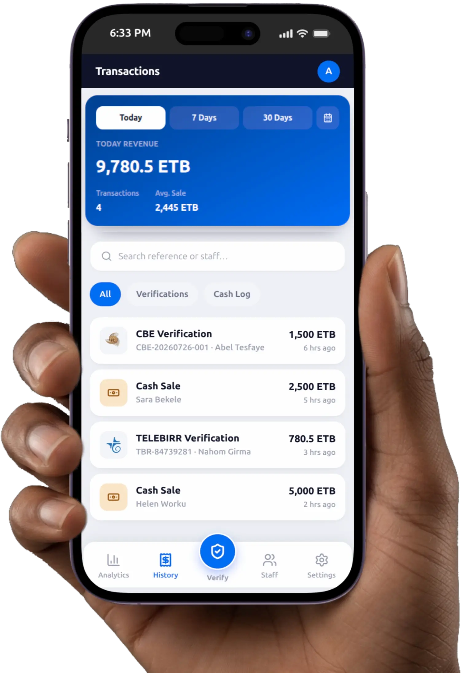 KifiyaCheck open on a phone, verifying a payment and logging a sale
